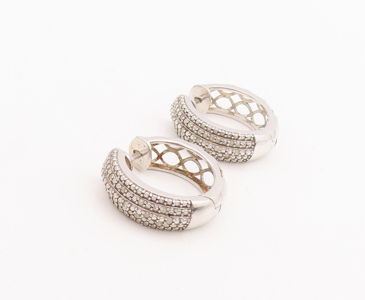 925 Sterling Silver Vintage Earrings Cutout Solid Diamonds Inlay Hoops  EG13066