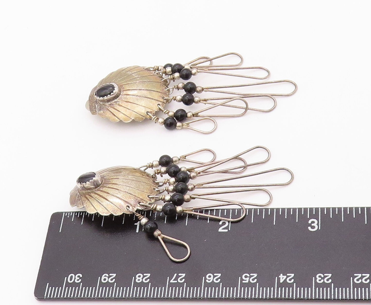 925 Sterling Silver Vintage Earrings NAVAJO Onyx Inlay Grooved Dangles  EG13427