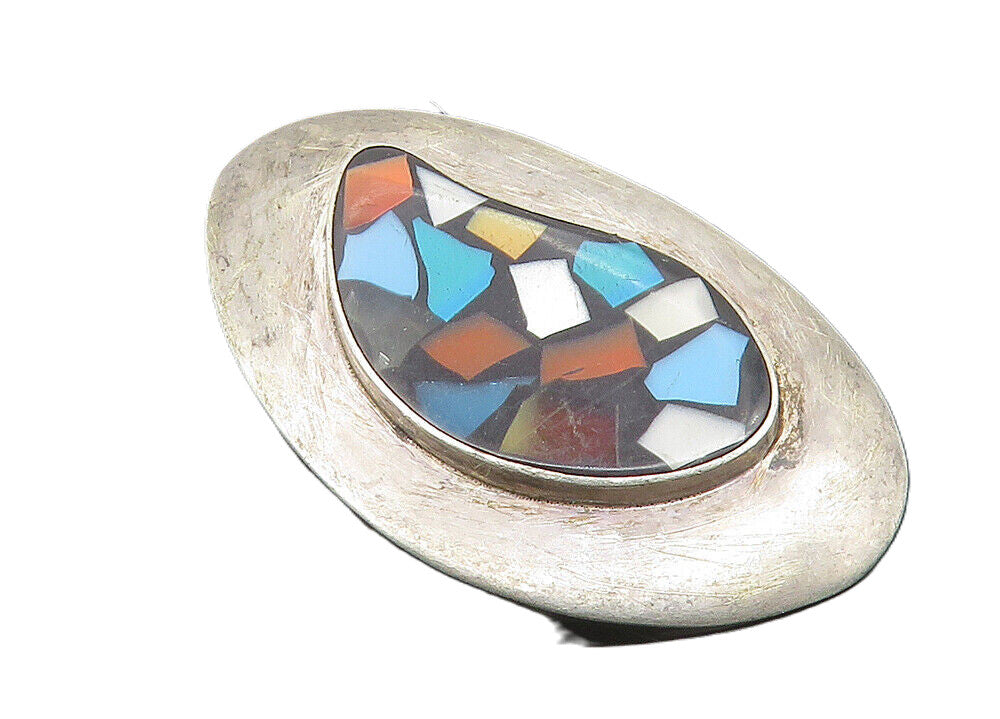ISRAEL 925 Sterling Silver  Vintage Mother Of Pearl Mosaic Brooch Pin  BP4273