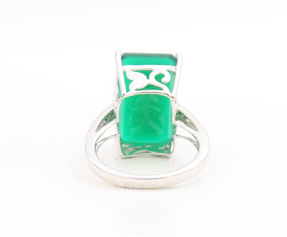 925 Sterling Silver Vintage Ring Black Diamonds & Green Onyx  Sz 8  RG30701