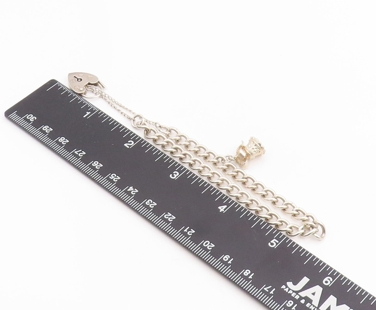 925 Sterling Silver Vintage Bracelet ENGLAND Heart Padlock & Bell Charm  BT11444