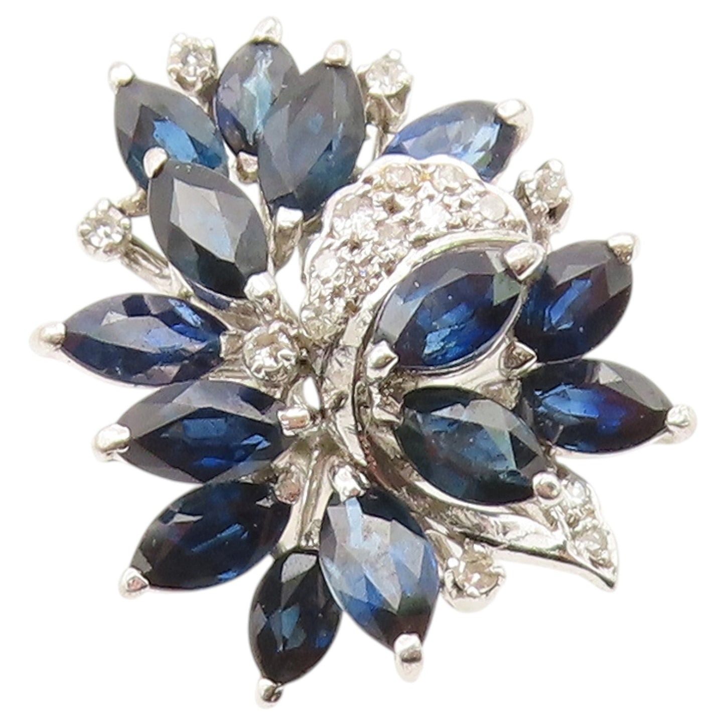 925 Sterling Silver Vintage Ring Real Diamonds Sapphire Flower  Sz 6  RG36602
