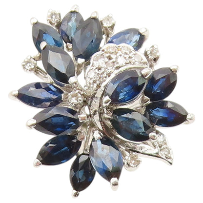925 Sterling Silver Vintage Ring Real Diamonds Sapphire Flower  Sz 6  RG36602