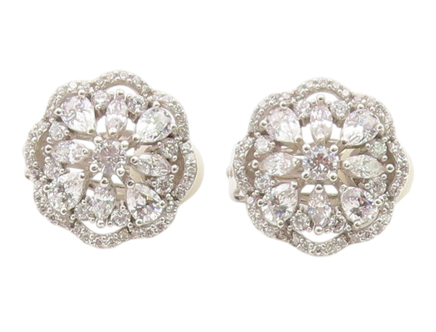 925 Sterling Silver Vintage Earrings Elegant CZ Floral Petal Clip On  EG14338