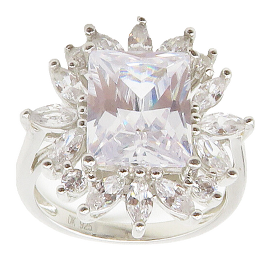 925 Sterling Silver  Shiny Cubic Zirconia Floral Cocktail Ring Sz 6  RG15270