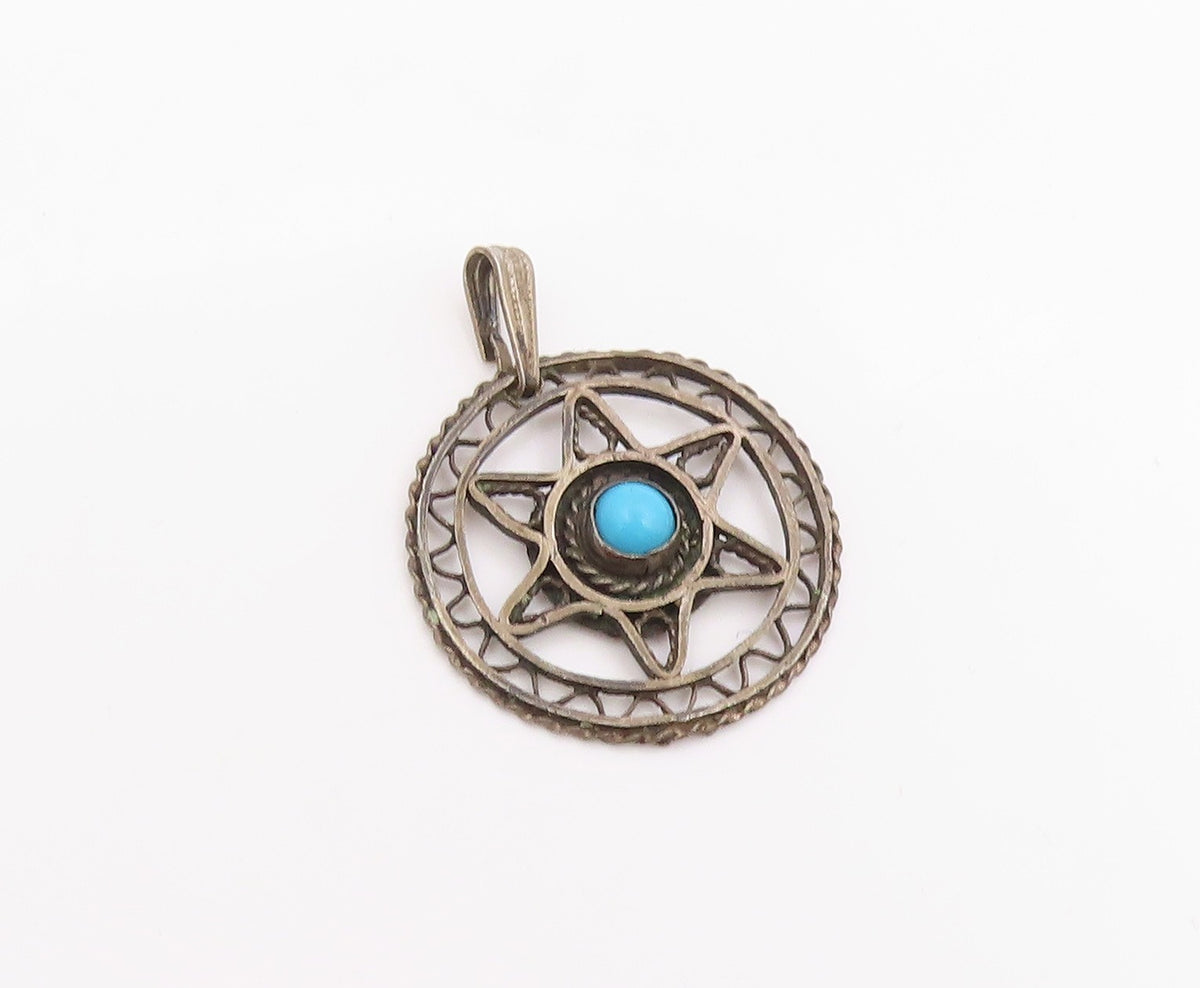 925 Sterling Silver Vintage Pendant Turquoise Openwork Pentagram Charm  PT26078
