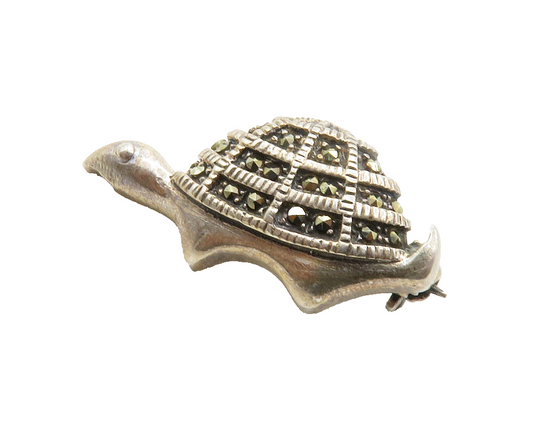 925 Sterling Silver  Vintage Sparkling Marcasite Turtle Brooch Pin  BP4828