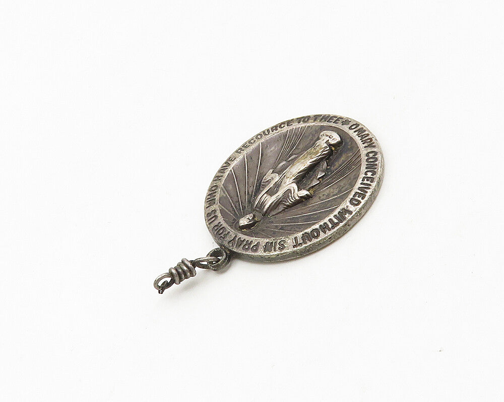 THEDA 925 Silver  Vintage Antique Miraculous Medal Virgin Mary Pendant PT14903