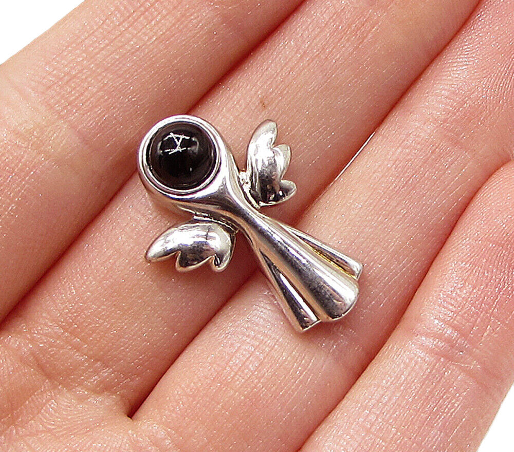 925 Sterling Silver  Cabochon Cut Black Onyx Angel Slider Pendant  PT1989