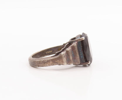 925 Sterling Silver Vintage Ring Step Carved Neck Oval Cut Onyx  Sz 7  RG28719