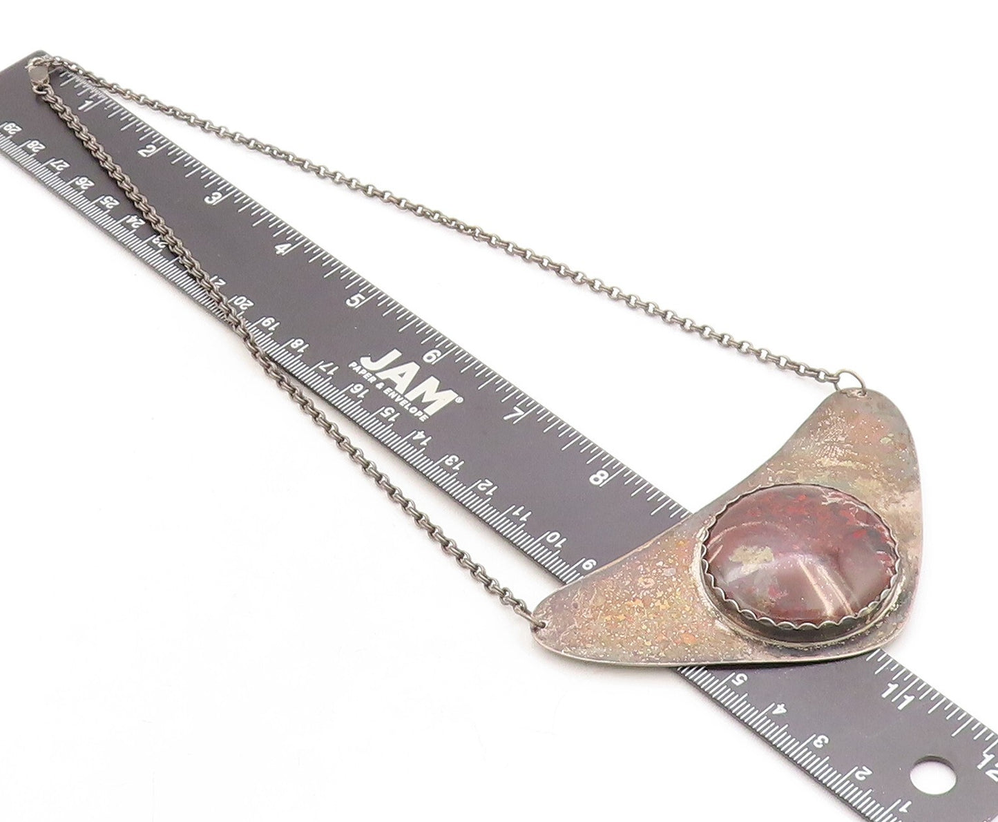 925 Sterling Silver  Vintage Red Agate Oxidized Pendant Chain Necklace  NE1703