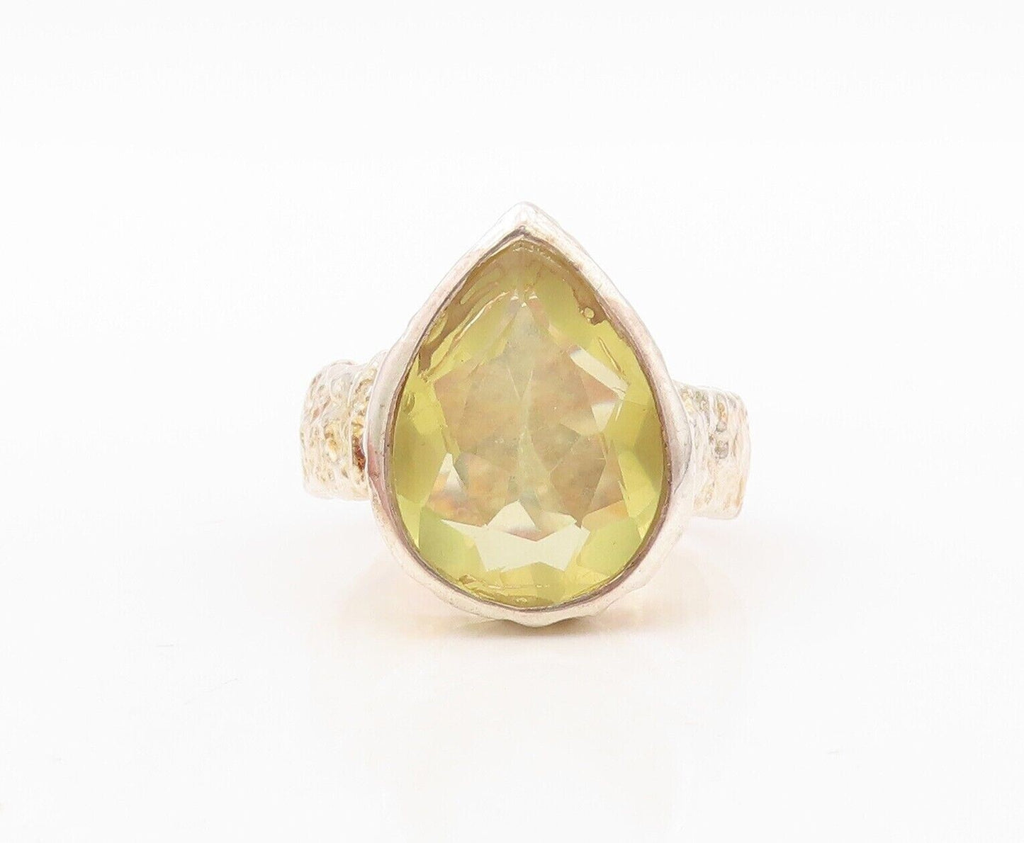 925 Sterling Silver Vintage Ring Hammered Effect Drop Cut Citrine  Sz 8  RG30433