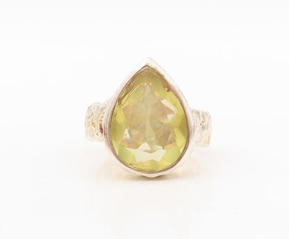 925 Sterling Silver Vintage Ring Hammered Effect Drop Cut Citrine  Sz 8  RG30433