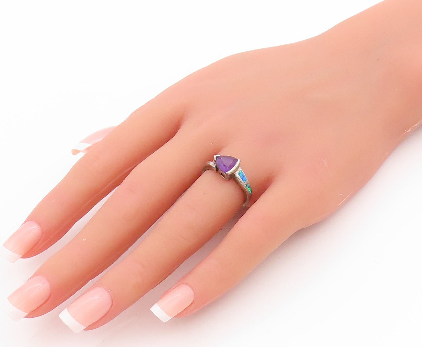 925 Sterling Silver Vintage Ring Triangle Amethyst Fire Opal Band Sz 6  RG33375