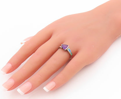 925 Sterling Silver Vintage Ring Triangle Amethyst Fire Opal Band Sz 6  RG33375