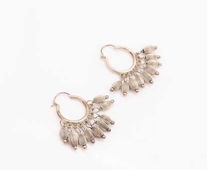 925 Sterling Silver Vintage Earrings Hoops Dangling Grooved Oval Beads  EG12995