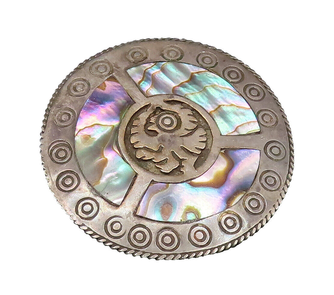 MEXICO 925 Silver  Vintage Rope Border & Circles Abalone Brooch Pin  BP10037
