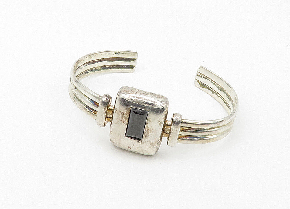 RAGE 925 Sterling Silver  Vintage Hematite Shiny Ribbed Cuff Bracelet  BT8584