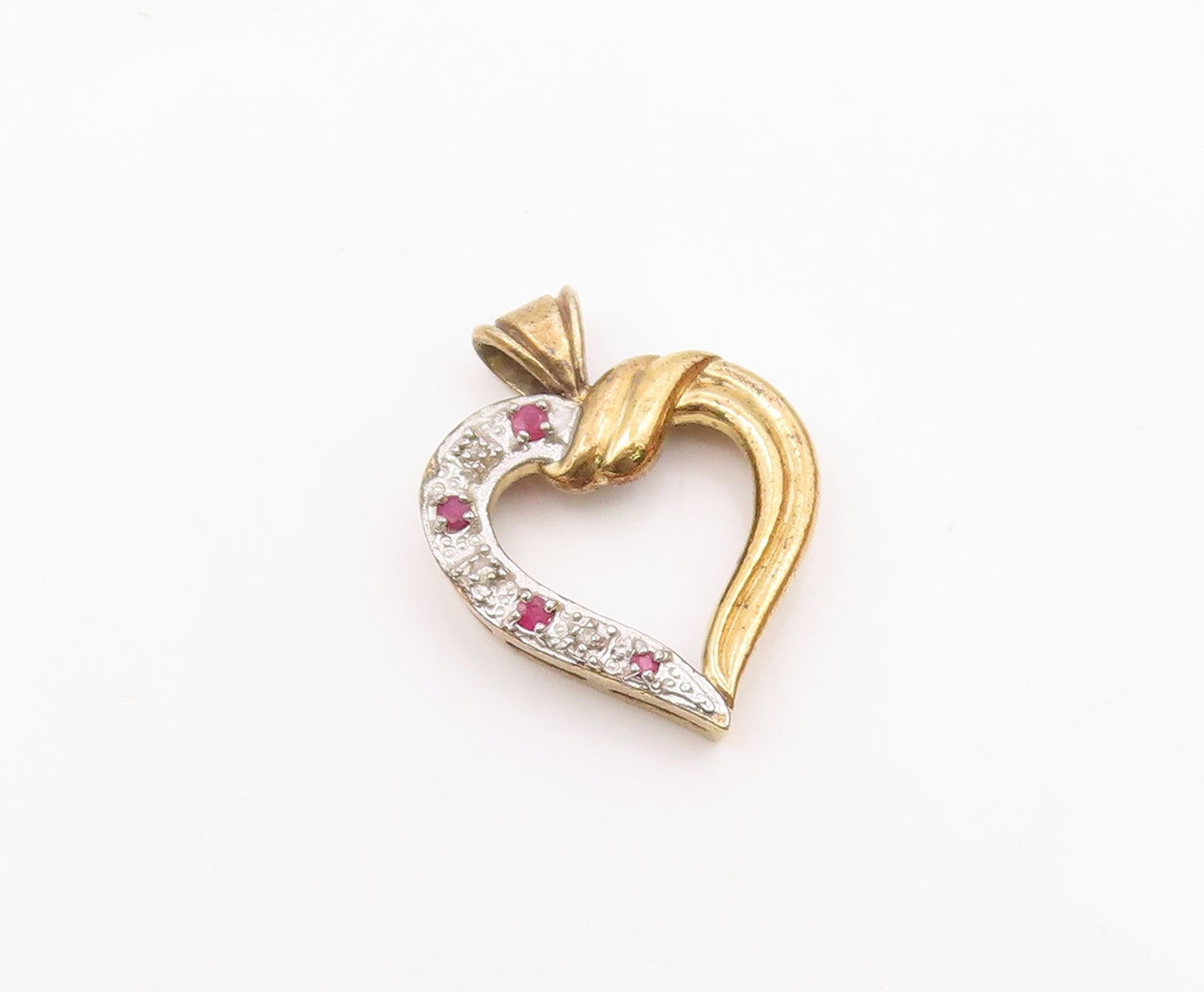925 Sterling Silver  Vintage Genuine Diamond & Ruby Heart Pendant  PT16675