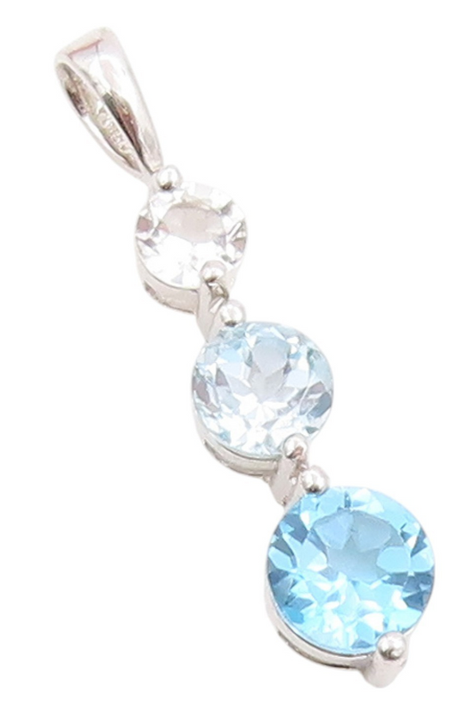 925 Sterling Silver Vintage Pendant Blue & White Topaz Three Stone Drop  PT25436