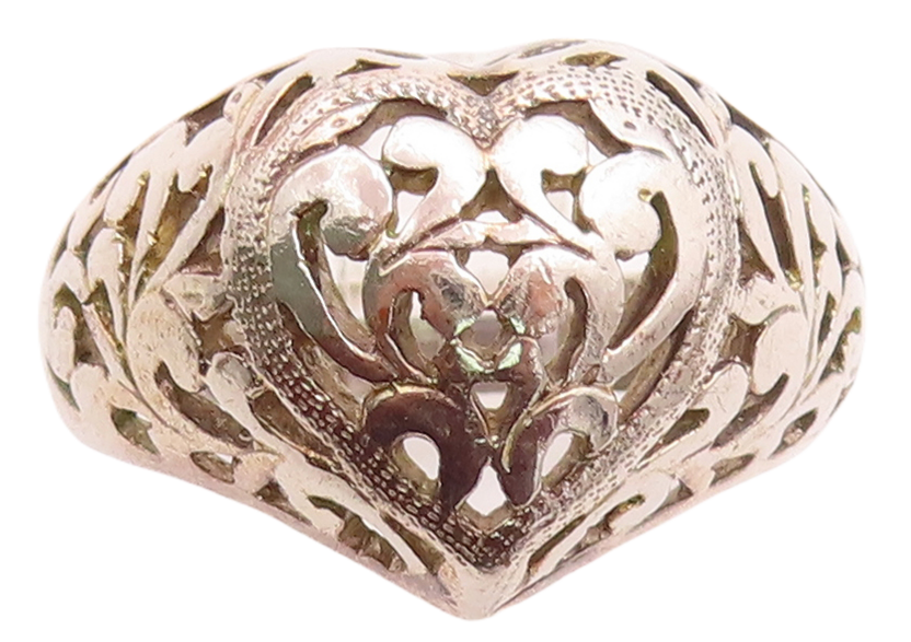 925 Sterling Silver Vintage Ring Designer Swirly Heart Design  Sz 9.5  RG31648