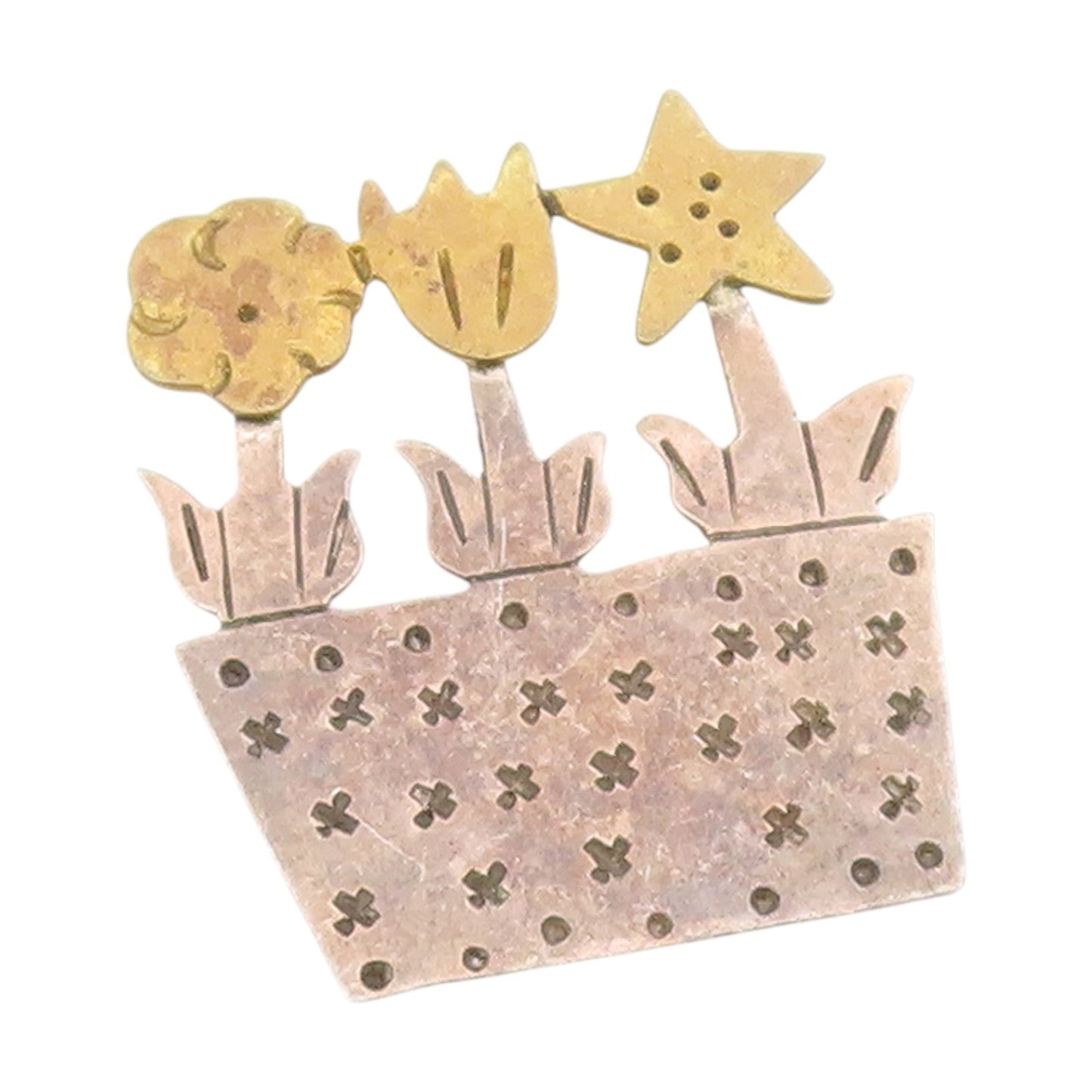 925 Sterling Silver Vintage Brooch Pin Etched Potted Flowers & Star  BP12160