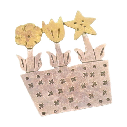 925 Sterling Silver Vintage Brooch Pin Etched Potted Flowers & Star  BP12160