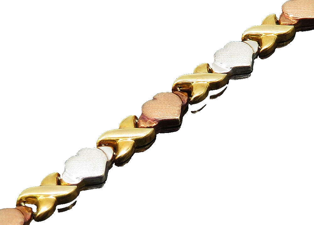 925 Sterling Silver  Vintage Shiny Three Tone XO Hearts Chain Bracelet  BT8108