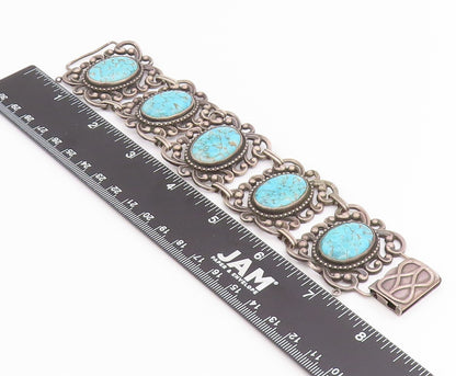 925 Sterling Silver Vintage Bracelet DANECRAFT Oval Turquoise Wide Link  BT11859