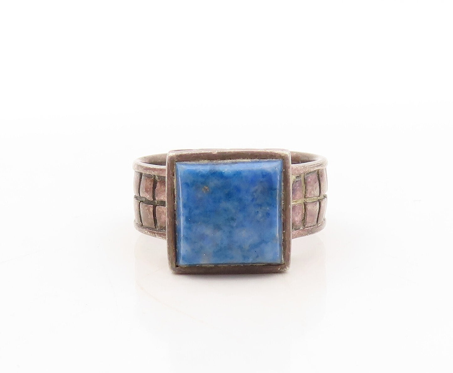 925 Sterling Silver Vintage Ring Dark Tone Square Gemstone Inlay  Sz 7  RG31084