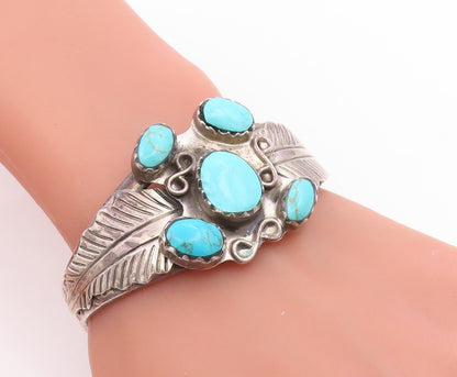 925 Sterling Silver Vintage Bracelet MEXICO Turquoise Etched Leaf Cuff  BT11989