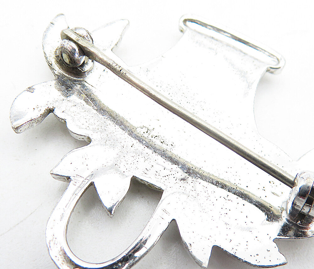 925 Sterling Silver  Vintage Sparkling Flower Basket Motif Brooch Pin  BP2223