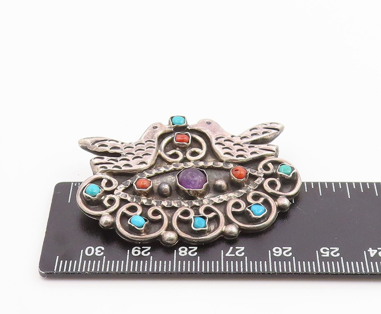 925 Sterling Silver Vintage Brooch Pin MEXICO Multi Gemstone Dove Bird  BP12433