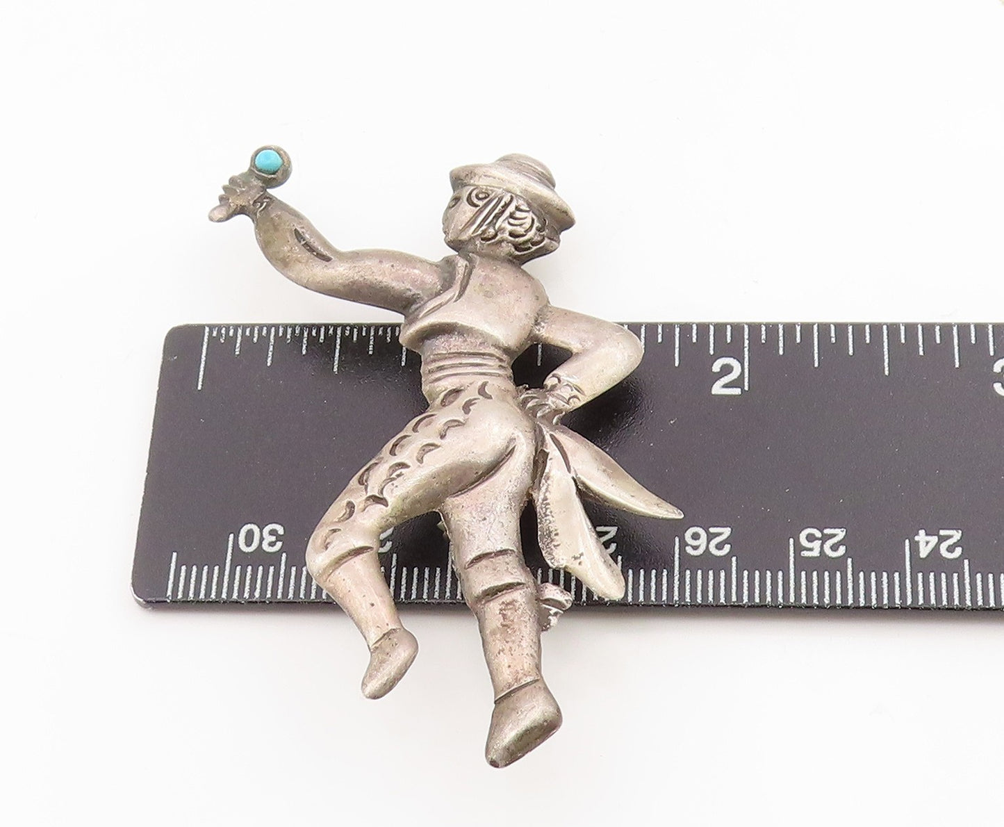 925 Sterling Silver Vintage Brooch MEXICO Turquoise Flamenco Dancer Pin  BP12130