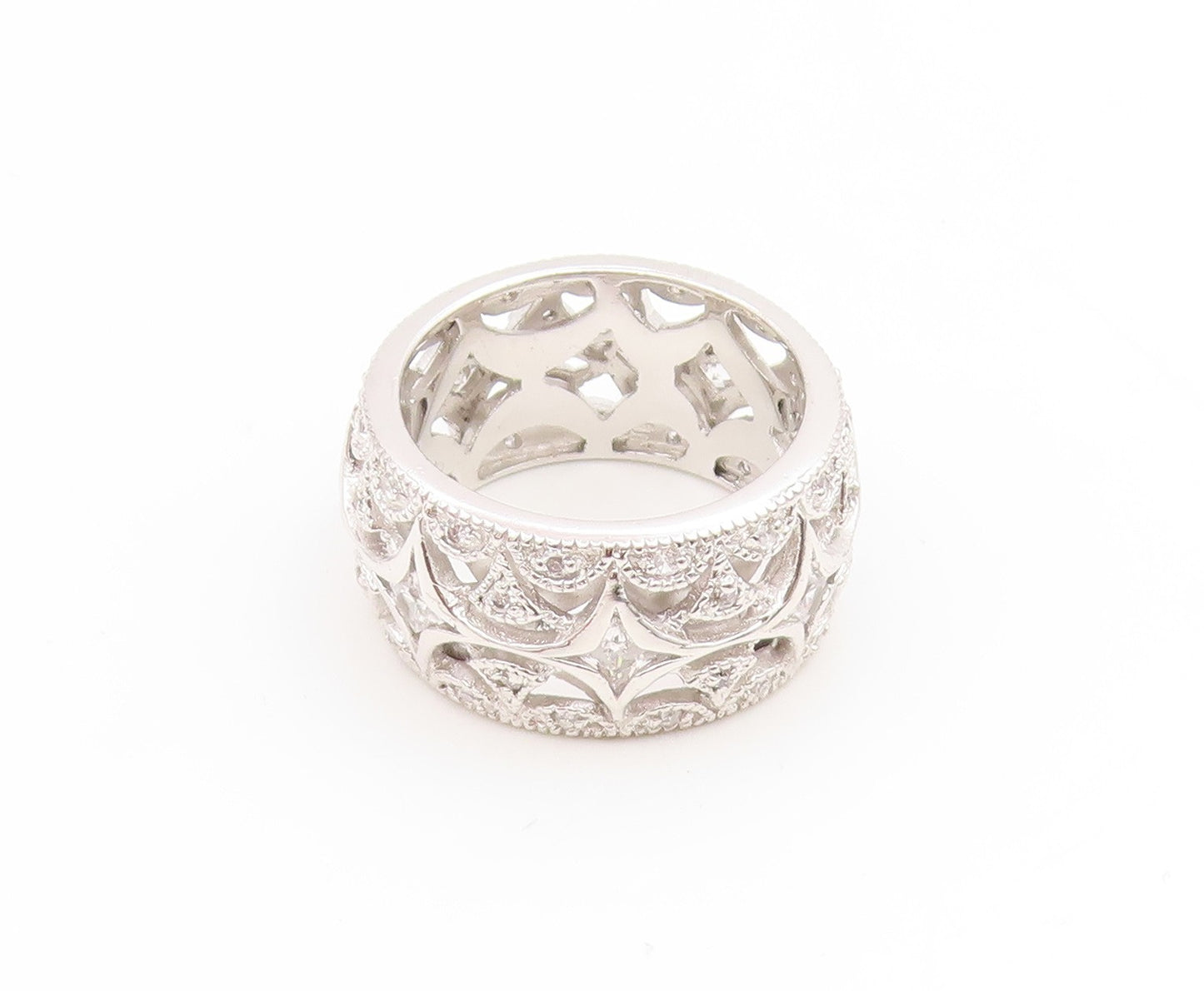 925 Sterling Silver Vintage Ring CZ Intricate Wide Eternity Band  Sz 7  RG35064