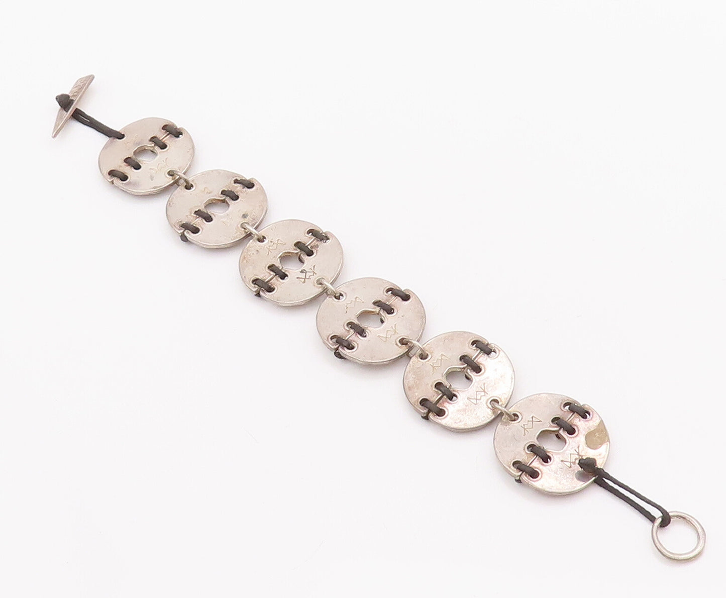 925 Sterling Silver Vintage Bracelet Designer Stitched Coin Ring Links  BT10463
