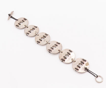 925 Sterling Silver Vintage Bracelet Designer Stitched Coin Ring Links  BT10463
