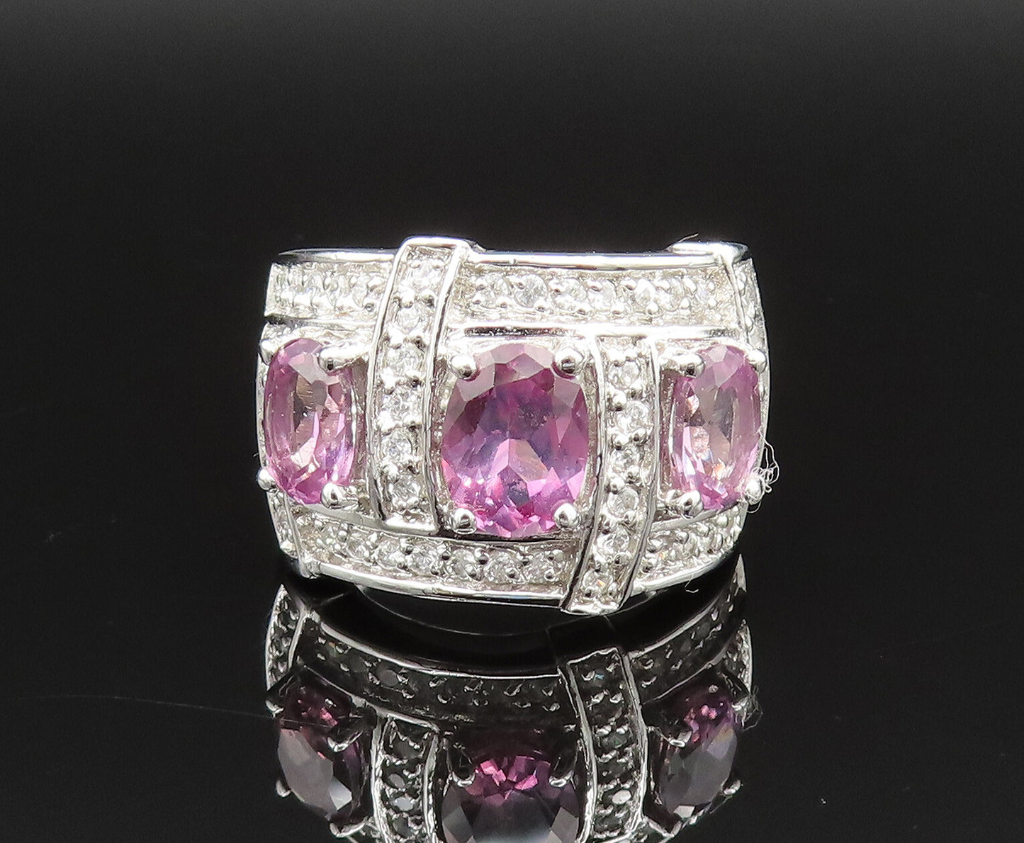 925 Sterling Silver  Vintage Wine Spinel & Cubic Zirconia Ring Sz 7.5  RG25565