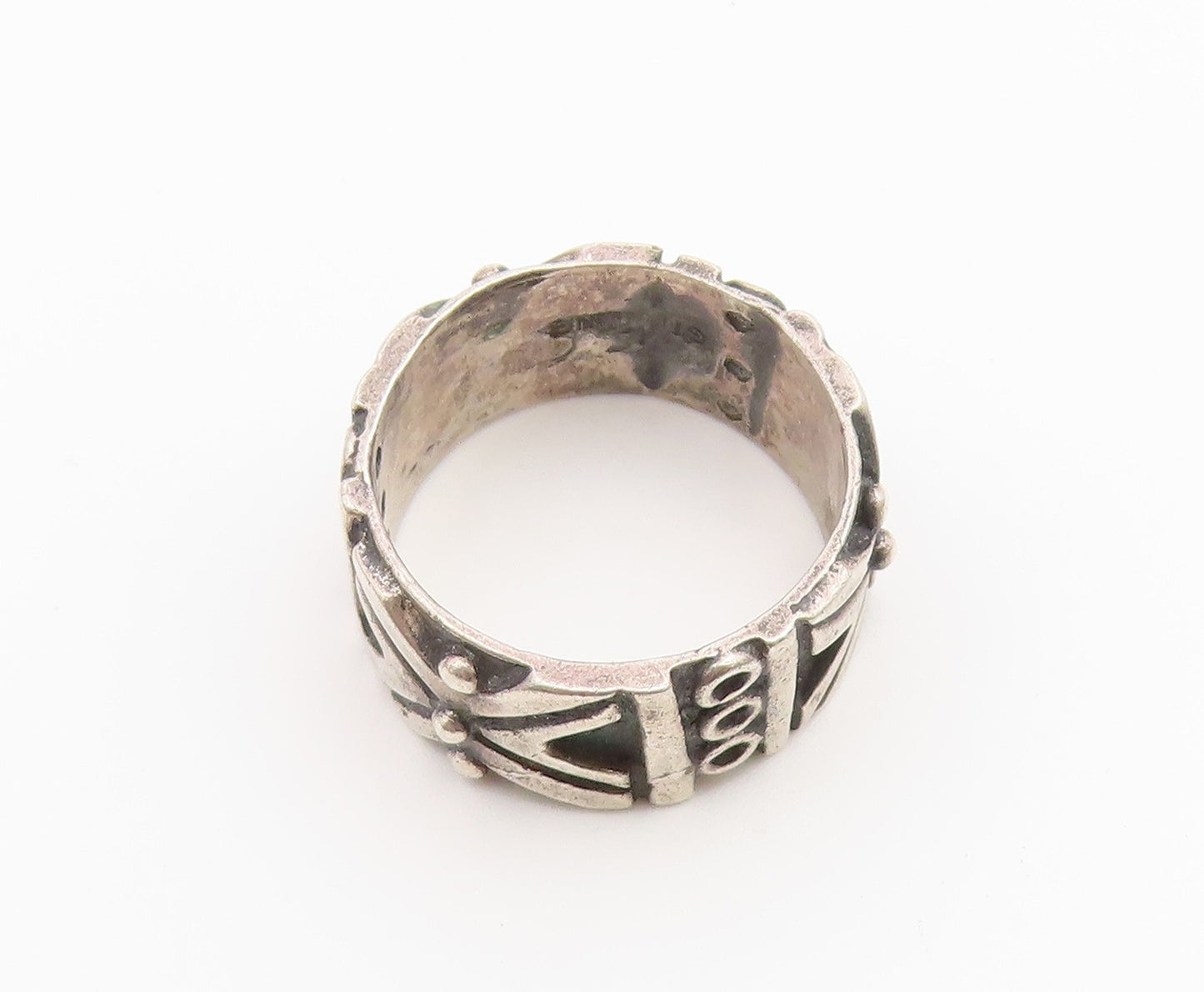 925 Sterling Silver Vintage Ring Brutalist Geometric Pattern Band  Sz 7  RG36840