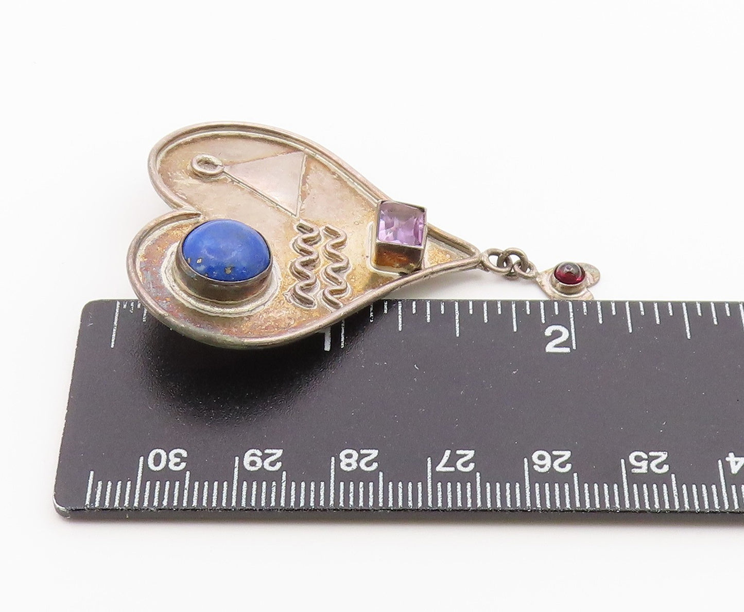 925 Sterling Silver Vintage Brooch Pin Multi Gemstone Mystic Love Heart  BP12640