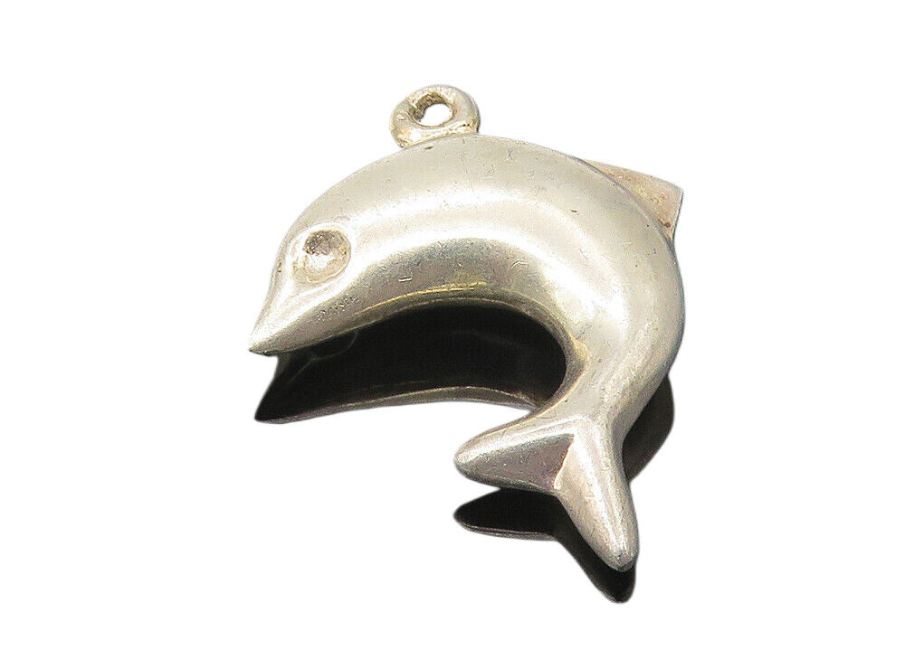925 Sterling Silver  Vintage Shiny Hollow Leaping Dolphin Pendant  PT8949