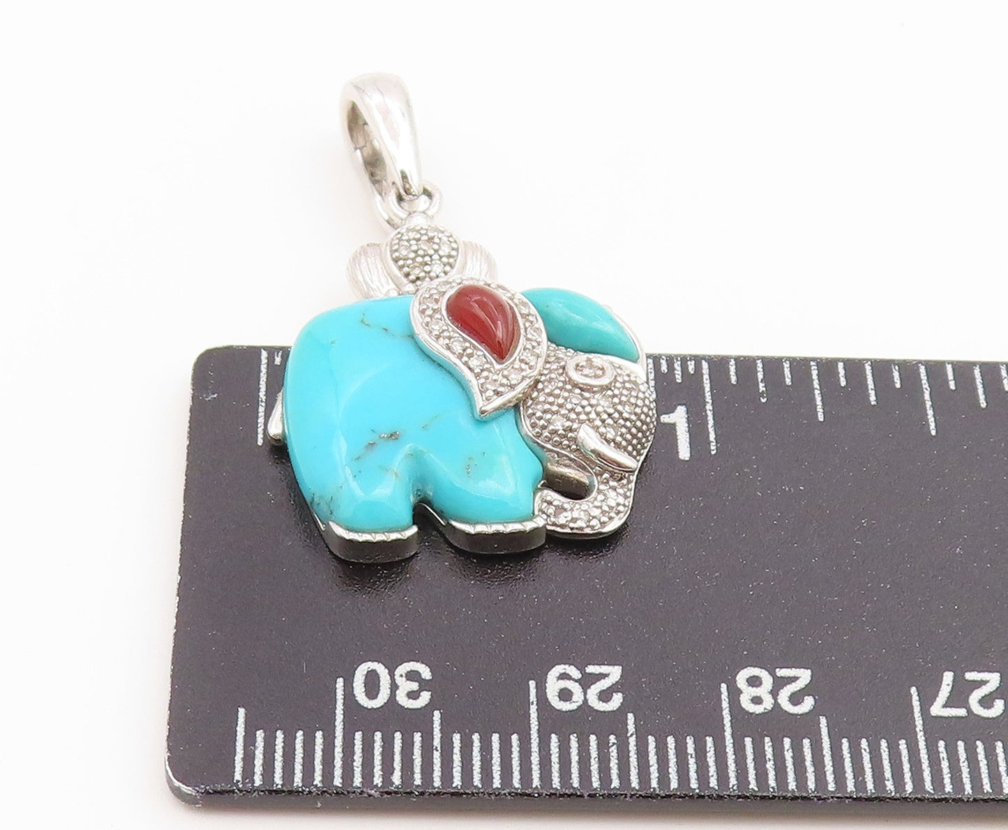 925 Sterling Silver Vintage Pendant Real Diamonds & Turquoise Elephant  PT26613