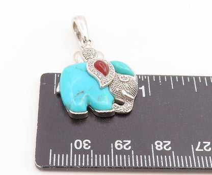 925 Sterling Silver Vintage Pendant Real Diamonds & Turquoise Elephant  PT26613