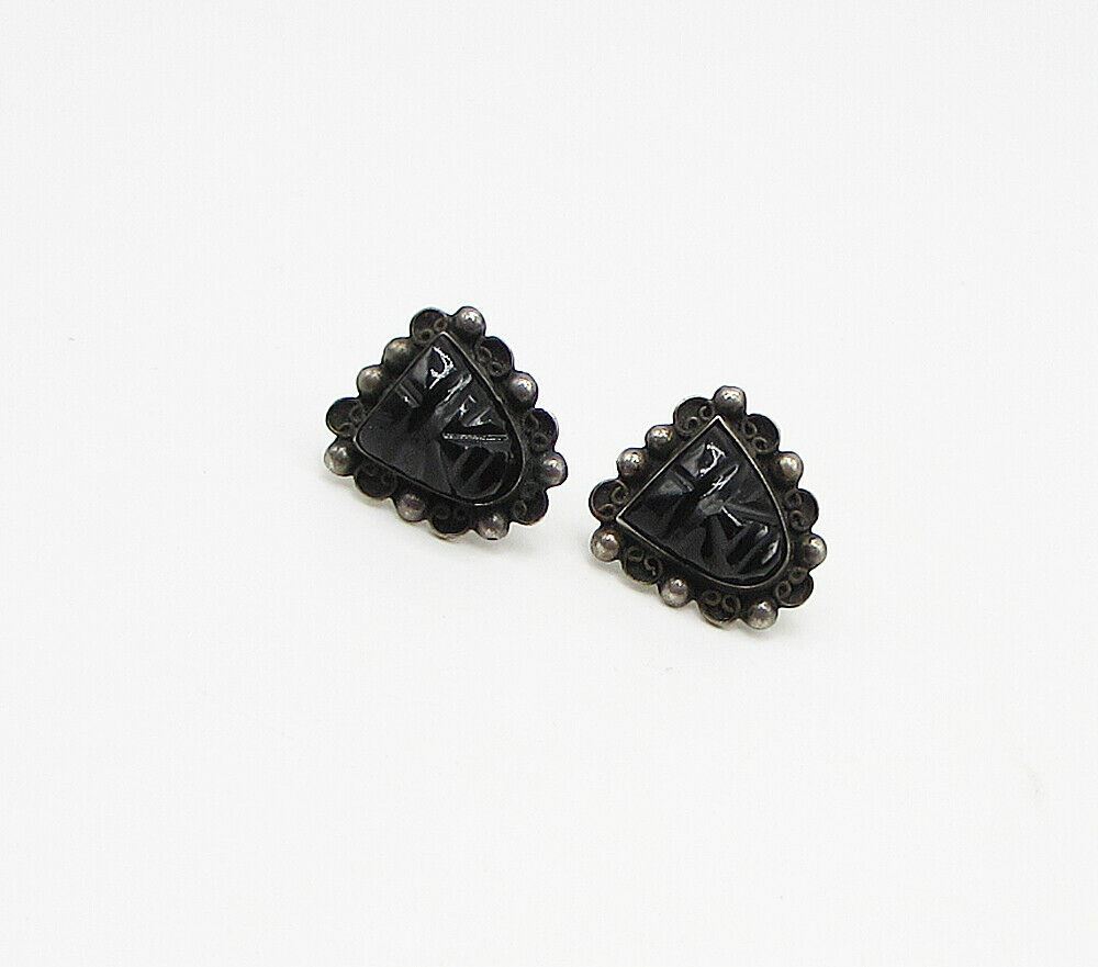 MEXICO 925 Silver  Vintage Carved Onyx Non Pierced Screw Back Earrings  EG1966