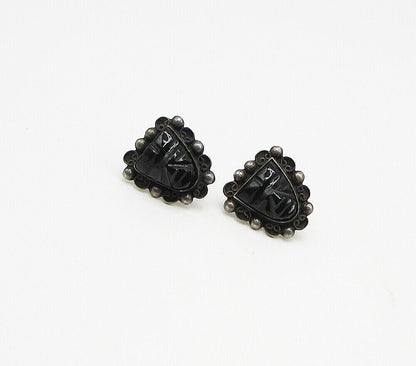 MEXICO 925 Silver  Vintage Carved Onyx Non Pierced Screw Back Earrings  EG1966
