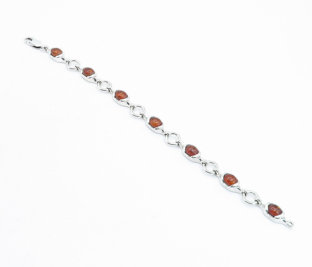925 Sterling Silver  Cabochon Cut Amber Round Link Chain Bracelet  BT2158