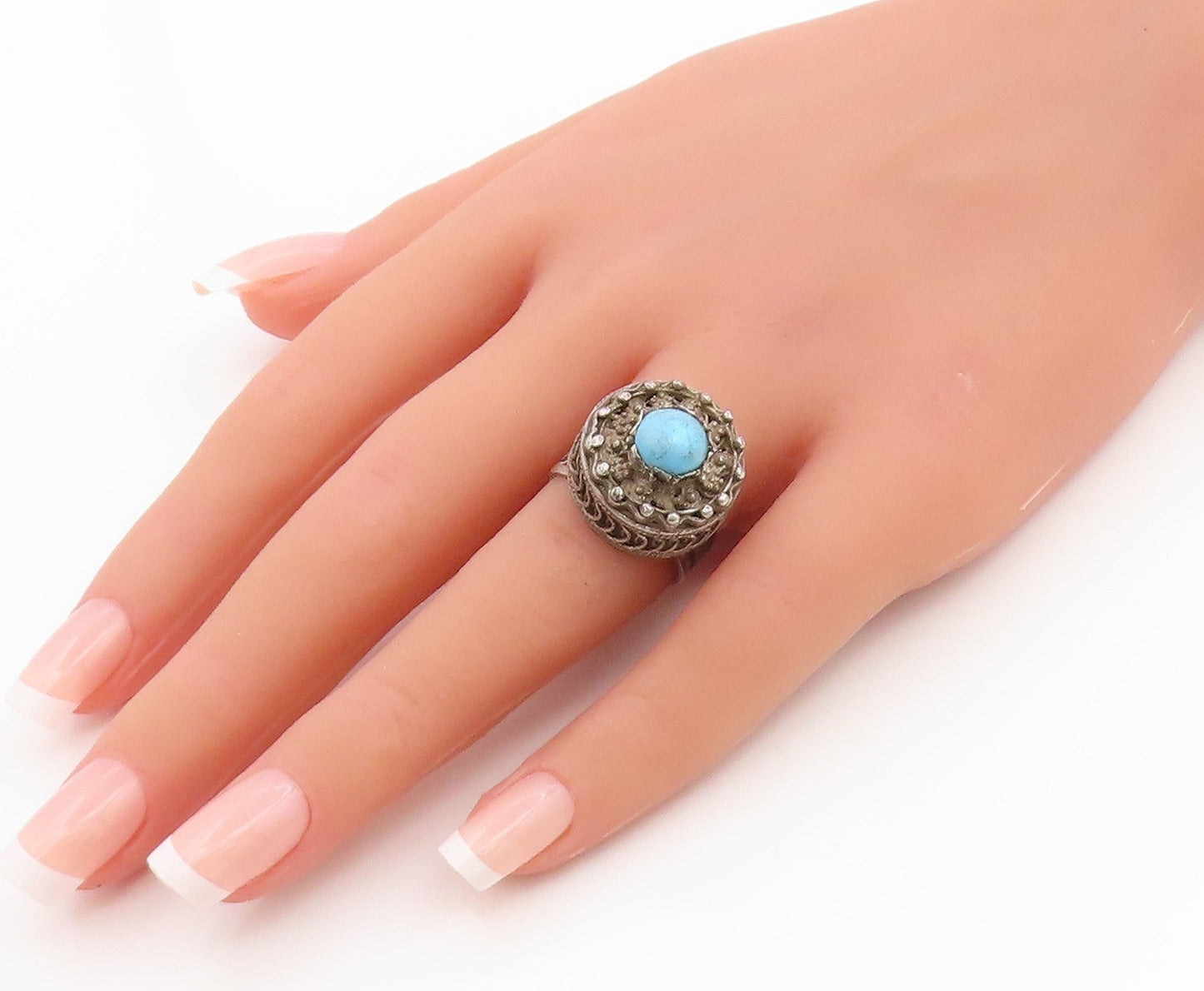 925 Sterling Silver Vintage Ring Turquoise Filigree Statement Band Sz 7 RG35929