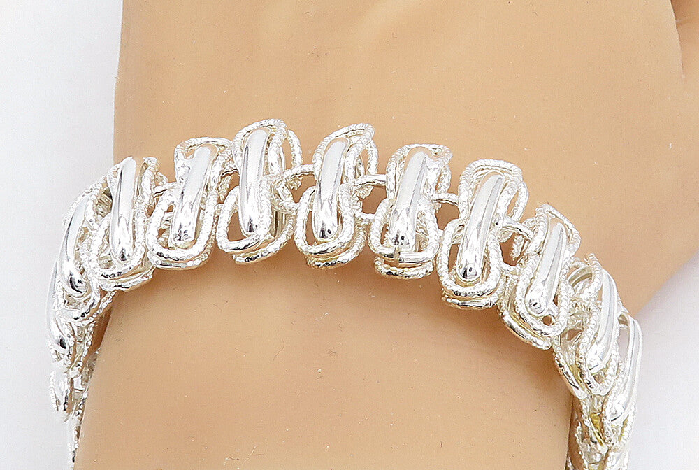 925 Sterling Silver  Shiny Polished Textured Link Chain Bracelet  BT2273