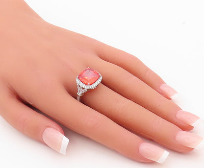925 Sterling Silver Vintage Ring Square Orange Halo White CZ  Sz 7 RG30359