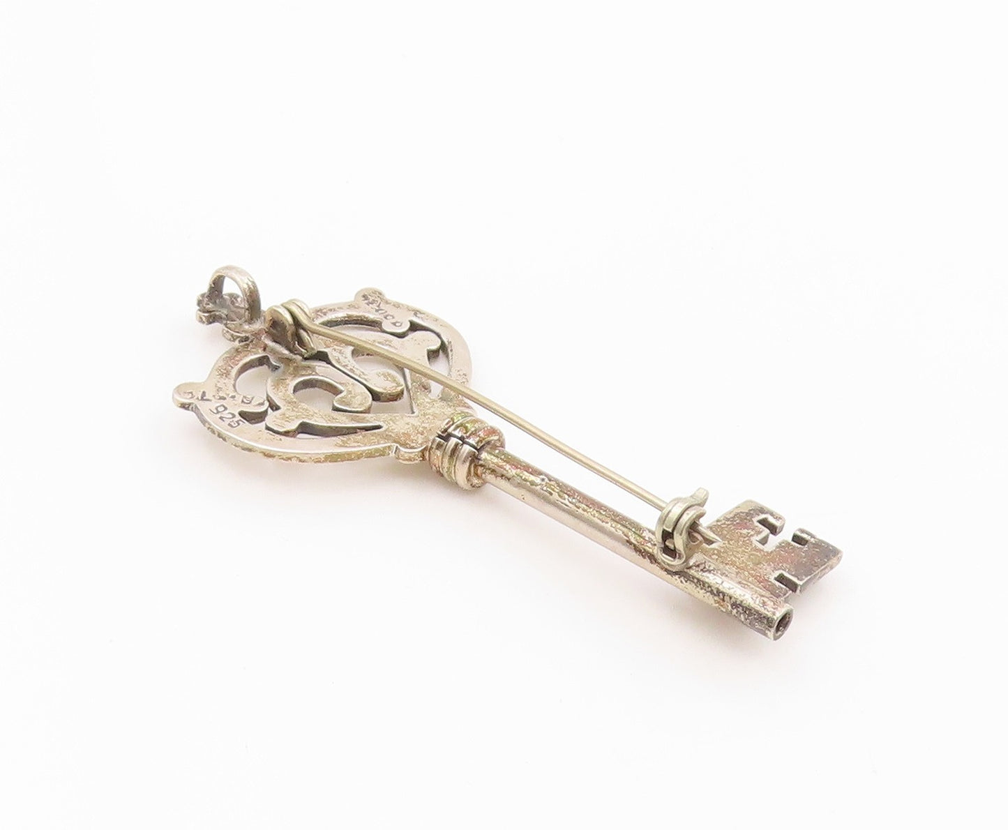 925 Sterling Silver Vintage Brooch Pin MEXICO Antique Crown Cutout Key  BP12486
